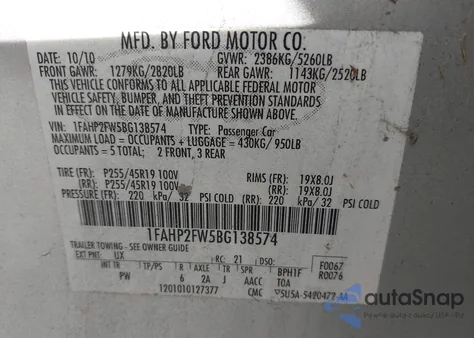 2011 Ford Taurus Limited z USA, uszkodzony, nr VIN 1FAHP2FW5BG138574